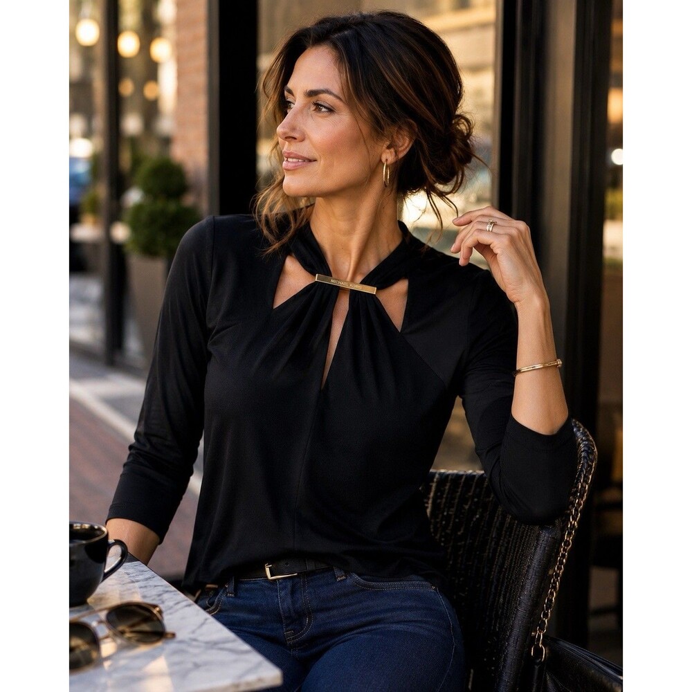 Michael Kors Black Keyhole Bar Neck Stretch Top XS 3/4 Sleeve